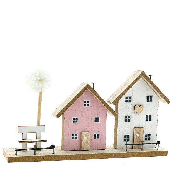Deko Haus Häuserzeile, Holzhäuser mit Bank und Baum, rosa/weiß,24x13cm, Aufsteller
