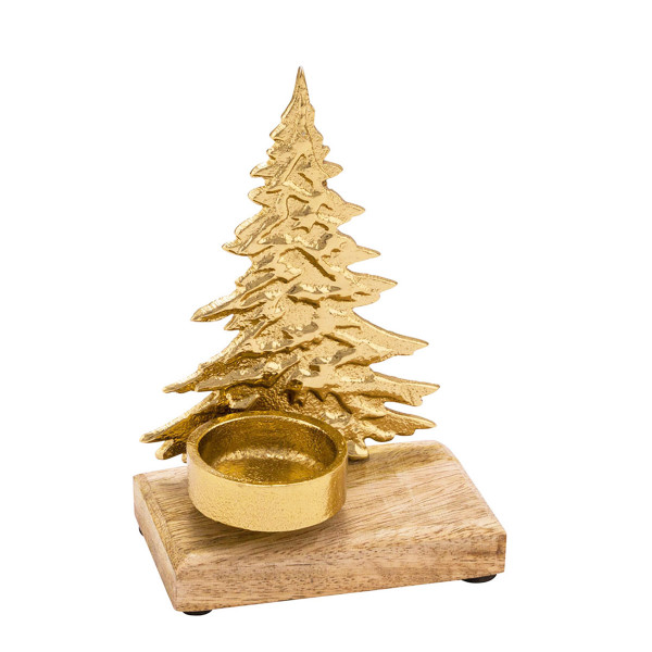 Deko Kerzenhalter Tannenbaum, Teelichthalter Tanne auf Holzsockel, gold, 15cm