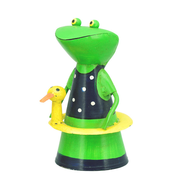 Zaunhocker Frosch mit Badekleid blau-grün, Metallfrosch mit Schwimmente, 20cm