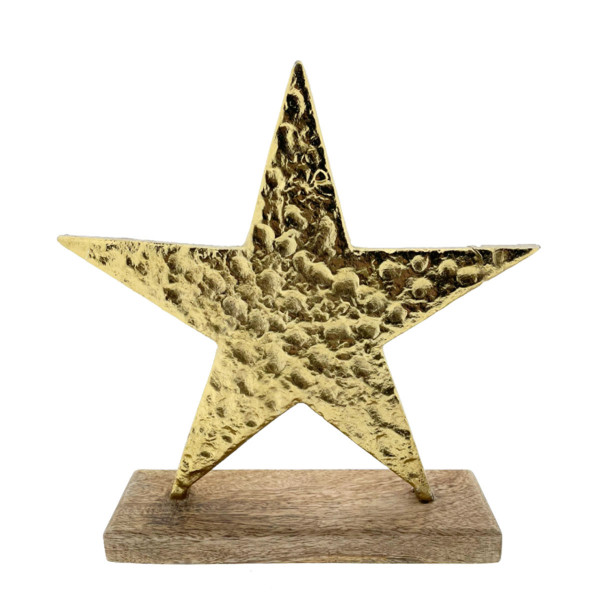 Deko Weihnachtsstern gold beschlagen, Metallstern mit deutlichem Relief auf Holzsockel, 28x28cm, Auf
