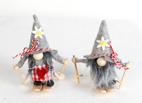 Wichtel &quot;Harry und Linnie&quot;, 10cm, graue Filzmützen, Skifahrer, Set/2