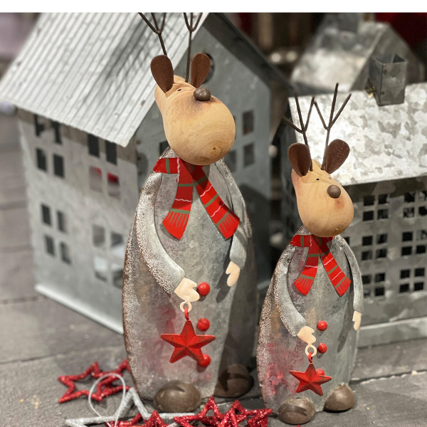 Deko Rentier, Weihnachtsrentier aus Metall und Holz, mit Schal und Stern, 19cm