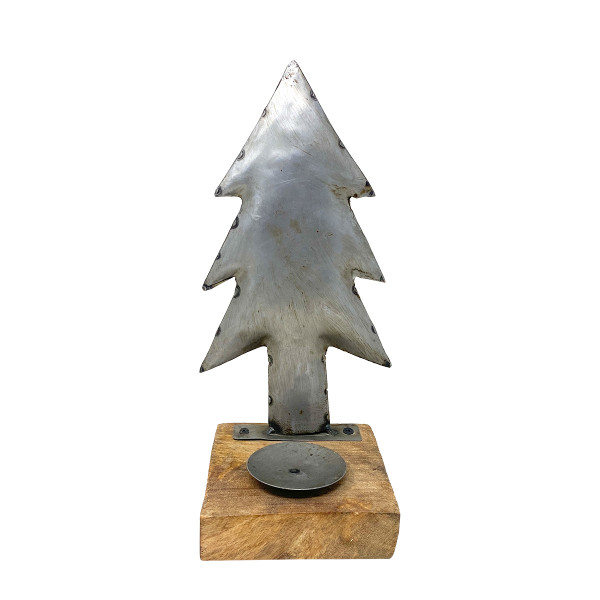 Kerzenhalter Tannenbaum used look, rustkaler Kerzenständer Metallbaum auf Holzklotz