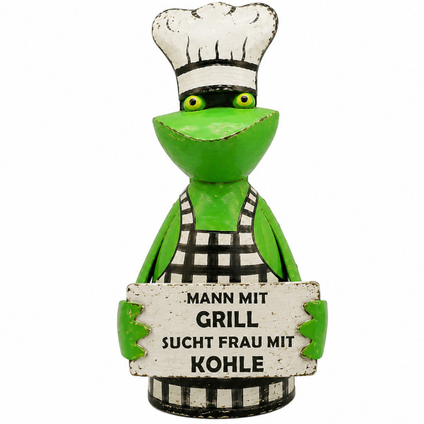 Zaunhocker Frosch Grillmeister, Metallfrosch mit Kochmütze und Schild: Mann mit Grill sucht...