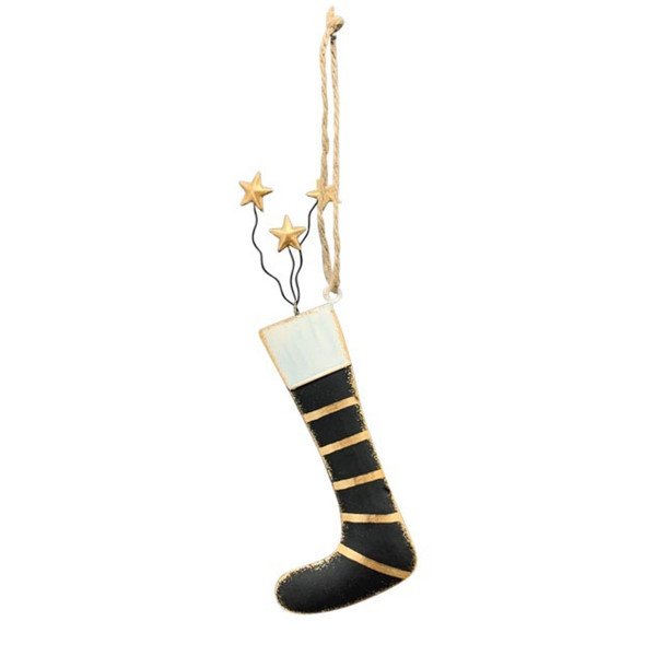 Deko Weihnachtsstrumpf, Metallsocke schwarz-gold mit Sterne, 21cm, Hänger