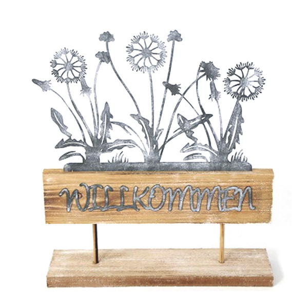Dekoobjekt Blumenkasten Willkommen shabby chic, filigrane Zinkblumen auf Holzständer, 32x28cm