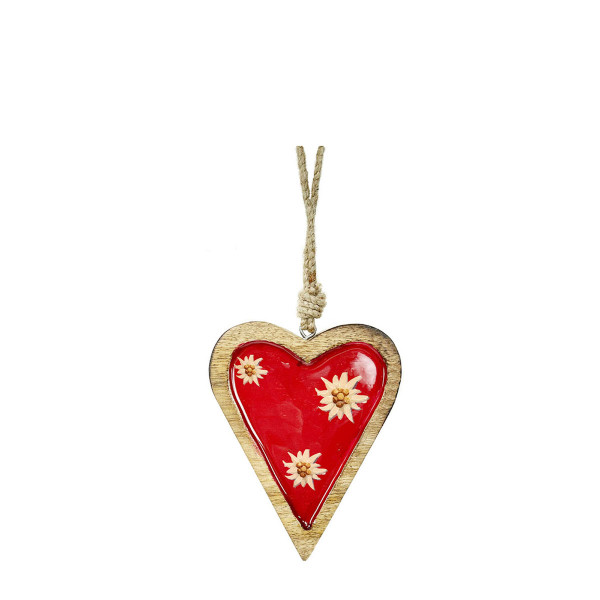 Deko Herz Landhaus, Holzherz rot mit Edelweiß, Emailleoptik, 7x10cm, Hänger