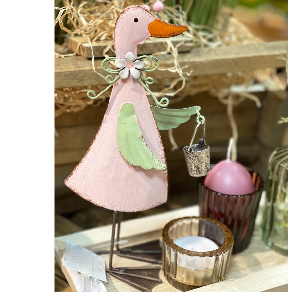 Deko Ente mit Eimer, rosa, 20cm, Metall