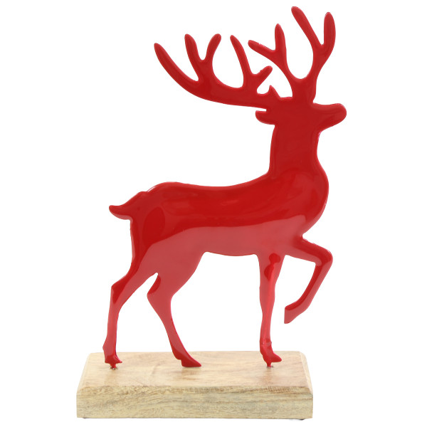 Deko Hirsch weihnachstsrot glänzend, Metallhirsch auf Holzplatte, 22cm