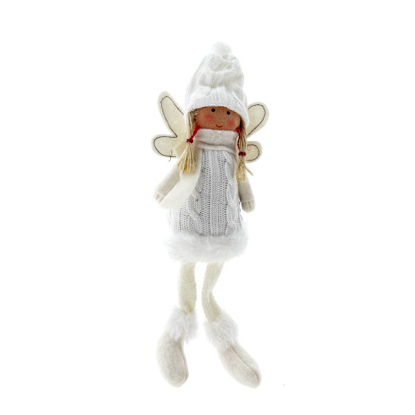 Deko Engel mit Strickkleid, Winterpüppchen gestrickt, Schlackerbeine, weiß, 18cm, Kantenhocker