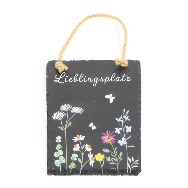 Deko Schiefertafel Lieblingsplatz, Schiefertafel mit Blumen und Schmetterlinge, 15x20cm, Hänger