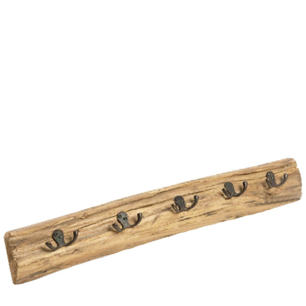 Holz Garderobe Teak rustikal, schmale Naturholz Garderobe mit 5 Doppelhaken, 60cm