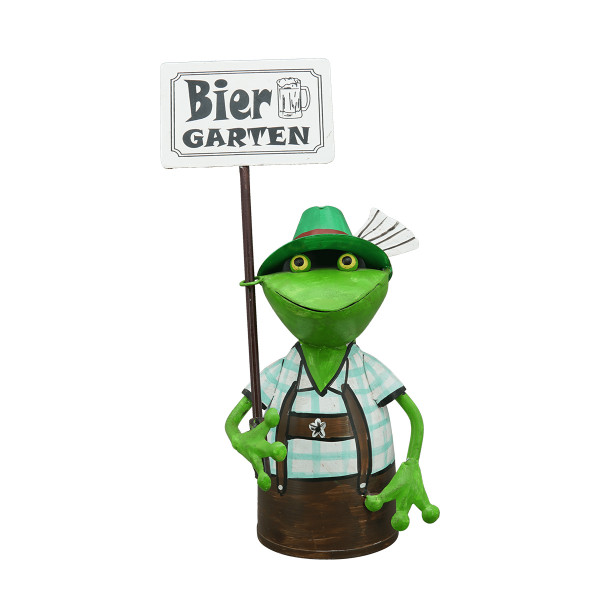 Zaunhocker Frosch Tracht, Metallfrosch in Lederhose mit Schild Biergarten, 30cm