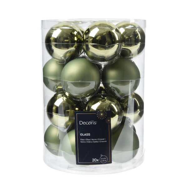 Weihnachtsbaumkugeln aus Glas, rosmaringrün glanz/matt, Ø6cm, 20St/Box, Decoris