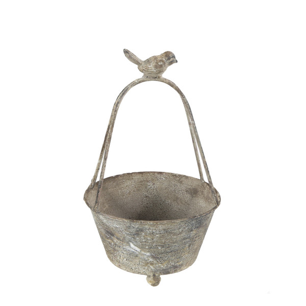 Deko Pflanztopf mit Bügel und Vogel, used look, antikgrau, 25cm, Metall 