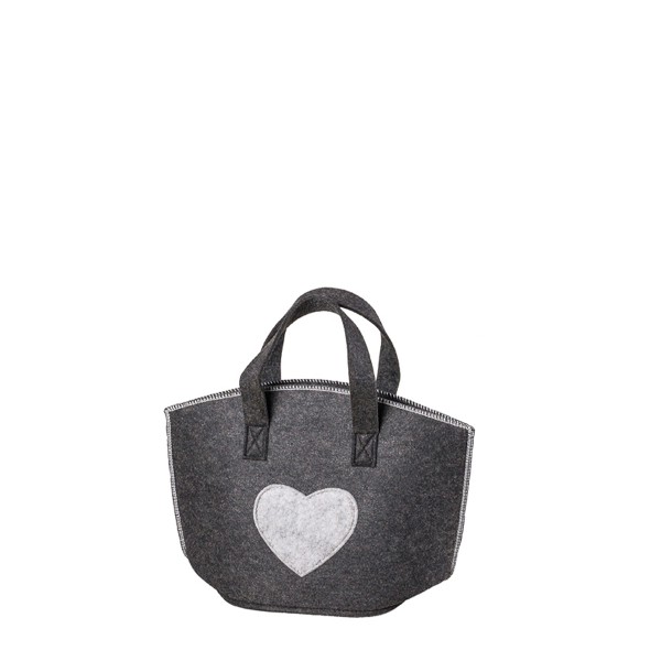 Filz Tasche dunkelgrau, mit hellgrauem Herz, Ziernähte, 27cm