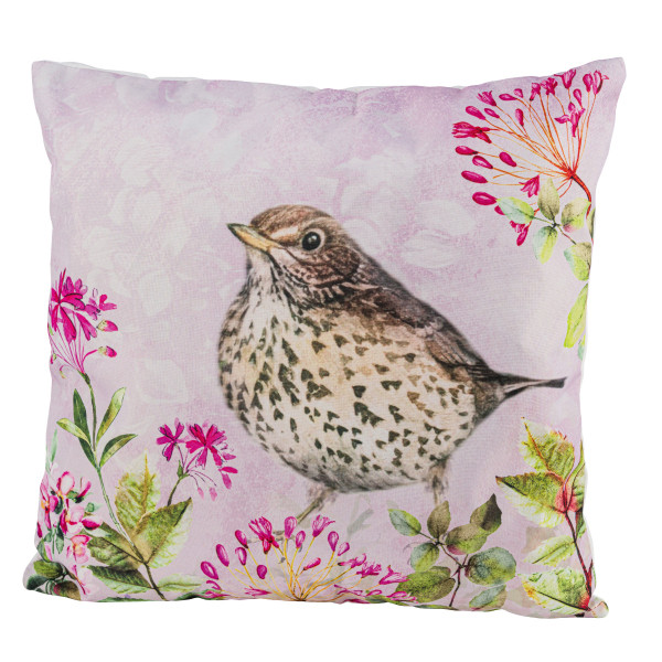 Baumwoll Kissen Frühling, Stoffkissen mit Vogel und Blumen, 45x45cm