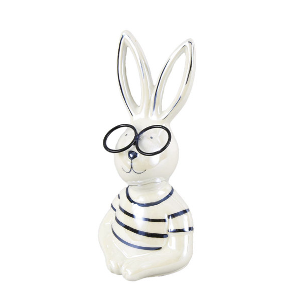 Deko Hase, Osterhase mit Brille und gestreiftem Shirt, pearloptik schwarz/weiß, 17cm, Keramik