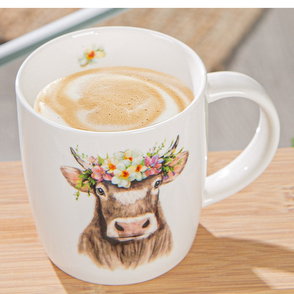 Becher Kuh Adelheid, Henkelbecher mit Kuhmotiv Blumenkranz, 380ml, Gilde