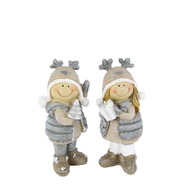 Winterkinder mit Geschenk und Tannenbaum grau/weiß 10cm, Set/2