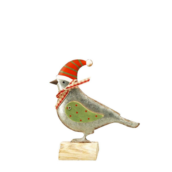 Deko Vogel, Weihnachtsvogel Junker mit roter Mütze, grüne Flügel, 13cm, Metall