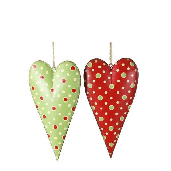 Deko Herz mit Punkten, rot/-grün, 2-fach sortiert, 19cm, Hänger