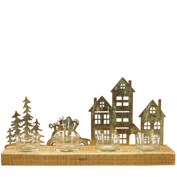 Adventsleiste Teelichthalter Winterlandschaft gold, Adventsleiste mit Häuser, Geschenke und Tannenbä