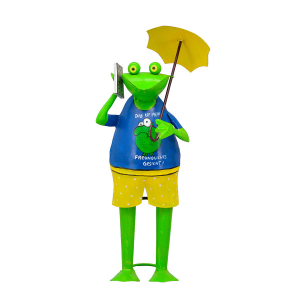 Deko Frosch in Badekleidung, Metallfrosch mit Sonnenschirm und Badehose, 52cm