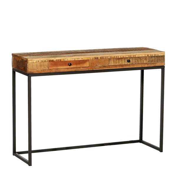 Eisen-Naturholz Konsole Victoria, rustikale Altholz Konsole mit 2 Schubladen auf Eisengestell, 75x11