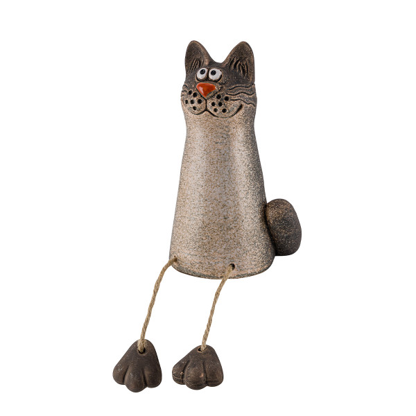 Zaunhocker Katze braun, Keramikkatze mit Schlackerbeine, 18cm