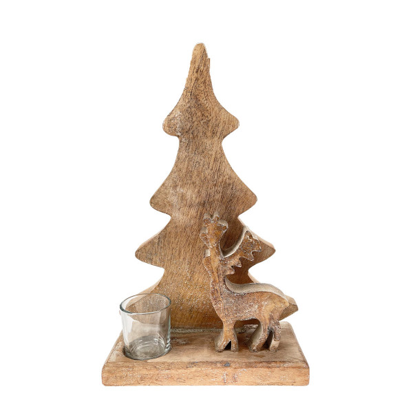 Teelichthalter Tannenbaum, Holzbaum mit Hirsch und Teelichtglas, 35cm