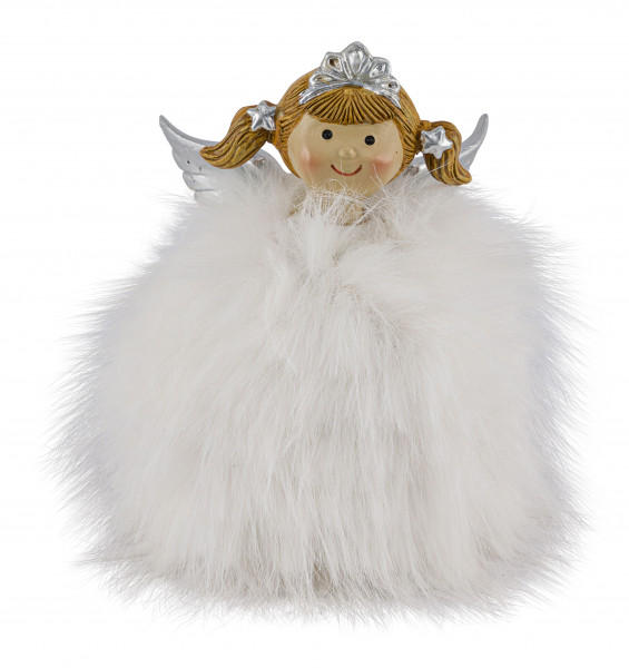 Deko Weihnachtsengel, putziges Engel-Mädchen mit Plüschkleid, Krone und Zöpfchen, 14cm