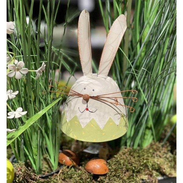 Deko Hase, grün/weiß, used look, 15cm, Metall