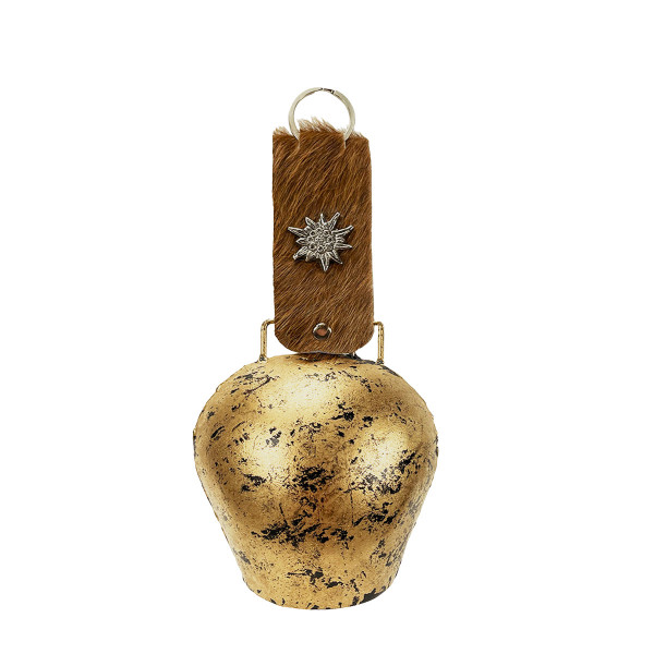 Deko Kuh-Glocke antik gold mit Fellband und Edelweiß, rustikale Glocke mit Klang, 13cm