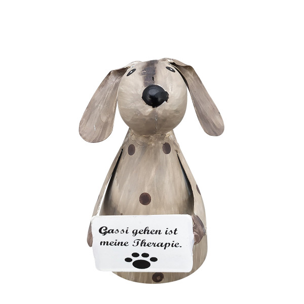 Zaunhocker Hund, Metallhund used look mit Schild: Gassi gehen..., 13cm
