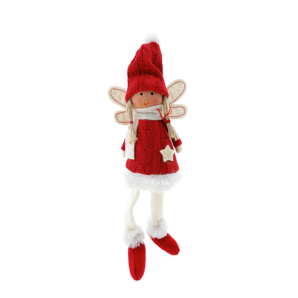 Deko Engel mit Strickkleid, Winterpüppchen gestrickt, Schlackerbeine, rot-weiß, 18cm, Kantenhocker