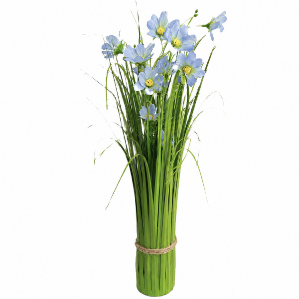 Kunstpflanze Sommerstrauß, grünes Gras mit taubenblauen Blumen, 50cm
