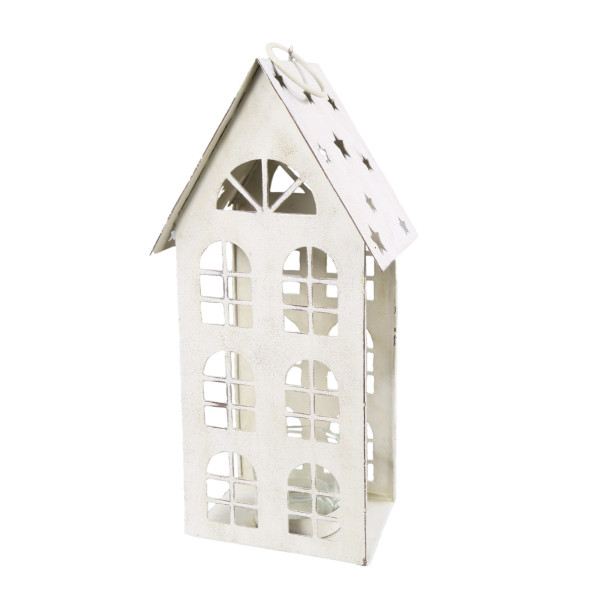 Deko Windlicht Haus Sternchen, Metallhaus mit Sternchen, creme antik, used look, 27x12cm