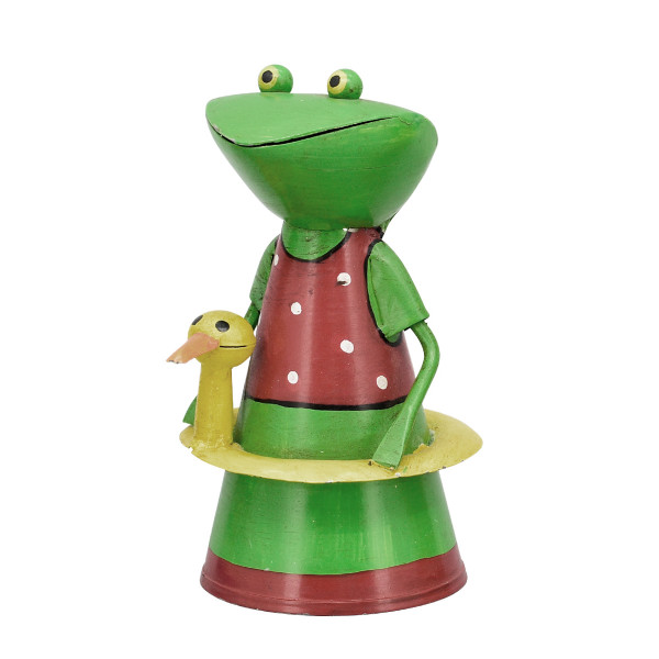 Zaunhocker Frosch mit Badekleid braun-grün, Metallfrosch mit Schwimmente, 20cm