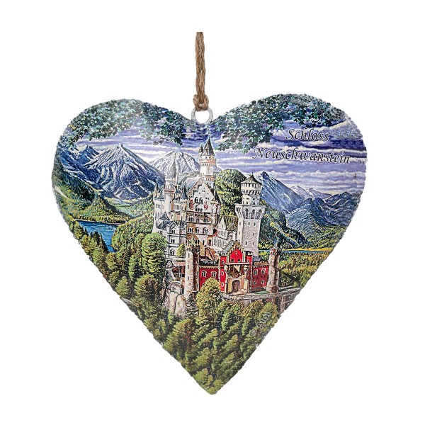Metall Herz, Schloss Neuschwanstein Sommer, 16cm, Hänger