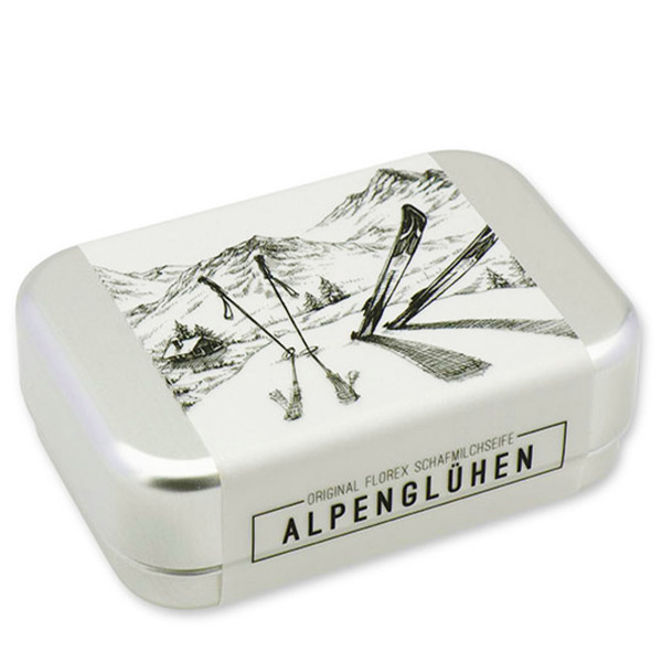 Schafmilchseife Alpenglühen eckig, in einer Seifendose mit Winter Ski Motiv, 100g, Florex
