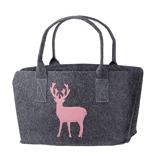 Filztasche Hirsch, Shopper Rotwild, rot/weiß karierter Hirsch, dunkles grau, 26x40cm, Gilde
