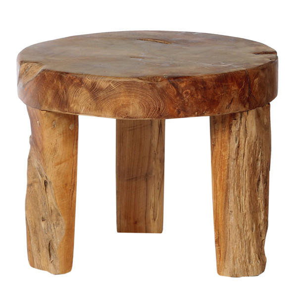Beistelltisch Erosi Teak, unregelmäßiger rustikaler Teakholztisch auf 3 Beinen, WMG Grünberger