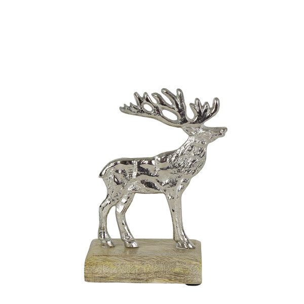 Metallhirsch auf Holzsockel, Metallhirsch silber beschlagen, 12cm