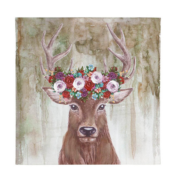 Wandbild Hirsch, Hirschbild, Hirsch mit Blütenkranz auf Leinwand, 40x40cm, Gilde