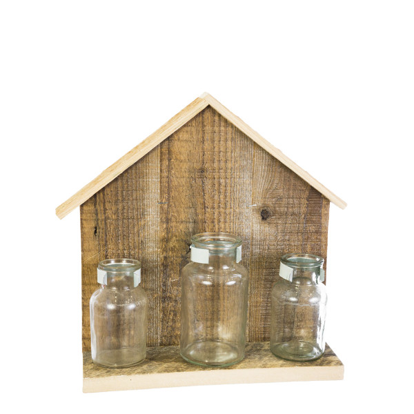 Deko Holzhaus Flaschentrio, Holzhaus Naturholz mit 3 Blumenvasen