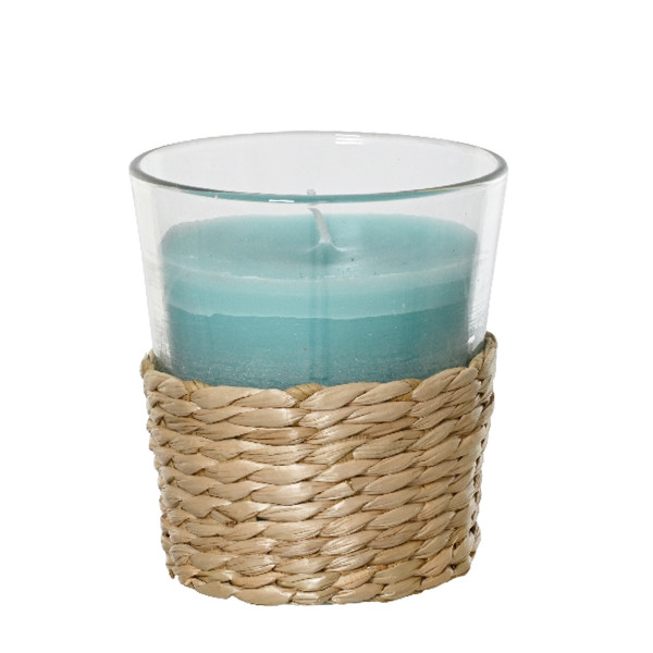 Duftkerze Citronella im Glas, Duftkerze türkis im Bastkorb, outdoor, 7x7cm