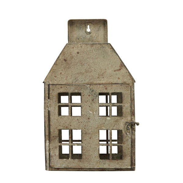 Windlicht Haus, Shabby Chic grau, 20x35cm, zum Hängen oder Stellen, Metall
