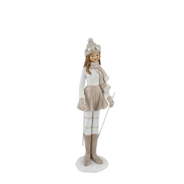 Deko Skifahrer Winterspaß, elegantes Mädchen mit Skibrille und Pudelmütze, weiß-beige-Glimmer, 22cm 
