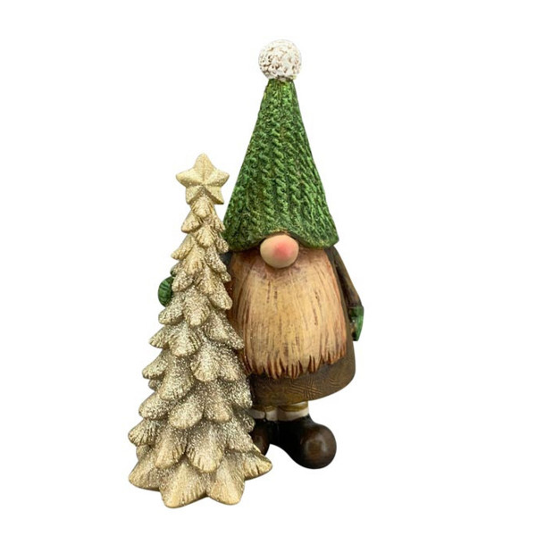 Deko Wichtel Gnom mit goldenem Tannenbaum, Weihnachts-Waldwichtel, 16cm